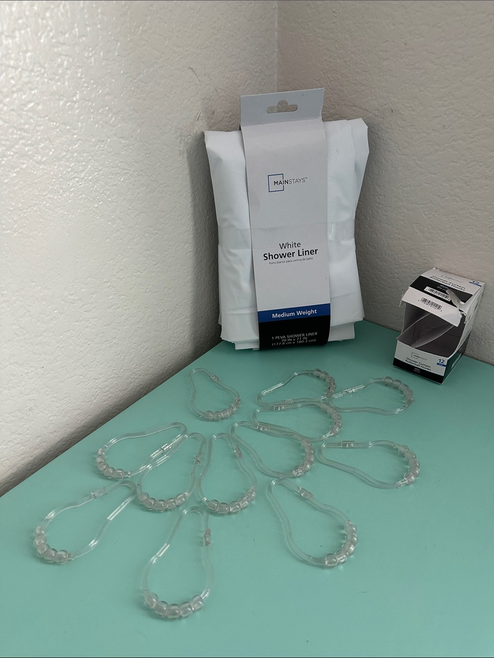 Mainstays bathroom utility accessories set of: a shower curtain & hooks-new.